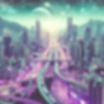 AI Generated Image - A futuristic hopeful busy city, purple and green color scheme