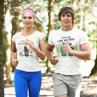 man and woman running with personalized t-shirts