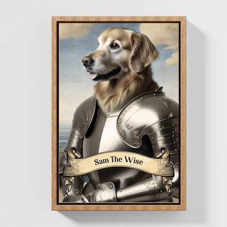 Personalized canva with AI generated image of a dog wearing an armour